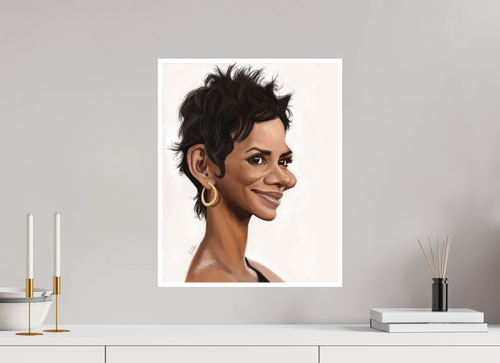 40 x 50 cm, FineArt Print Halle Berry Karikatur Poster – Fine Art Print von NIBO auf Hahnemühle Papier | Premium Celebrity Wandkunst