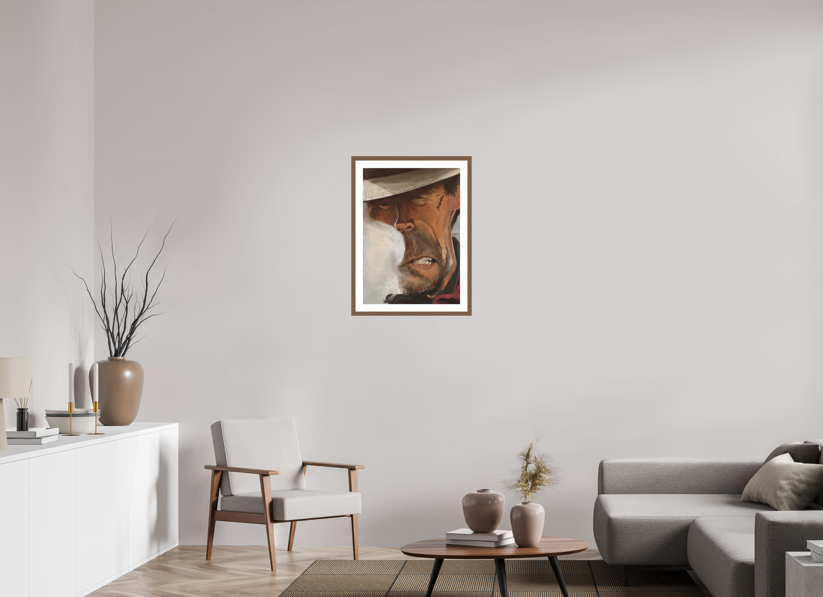 50 x 69,7 cm, FineArt Print mit Holz-Rahmung (20mm) Nussbaum mit Passepartout Clint