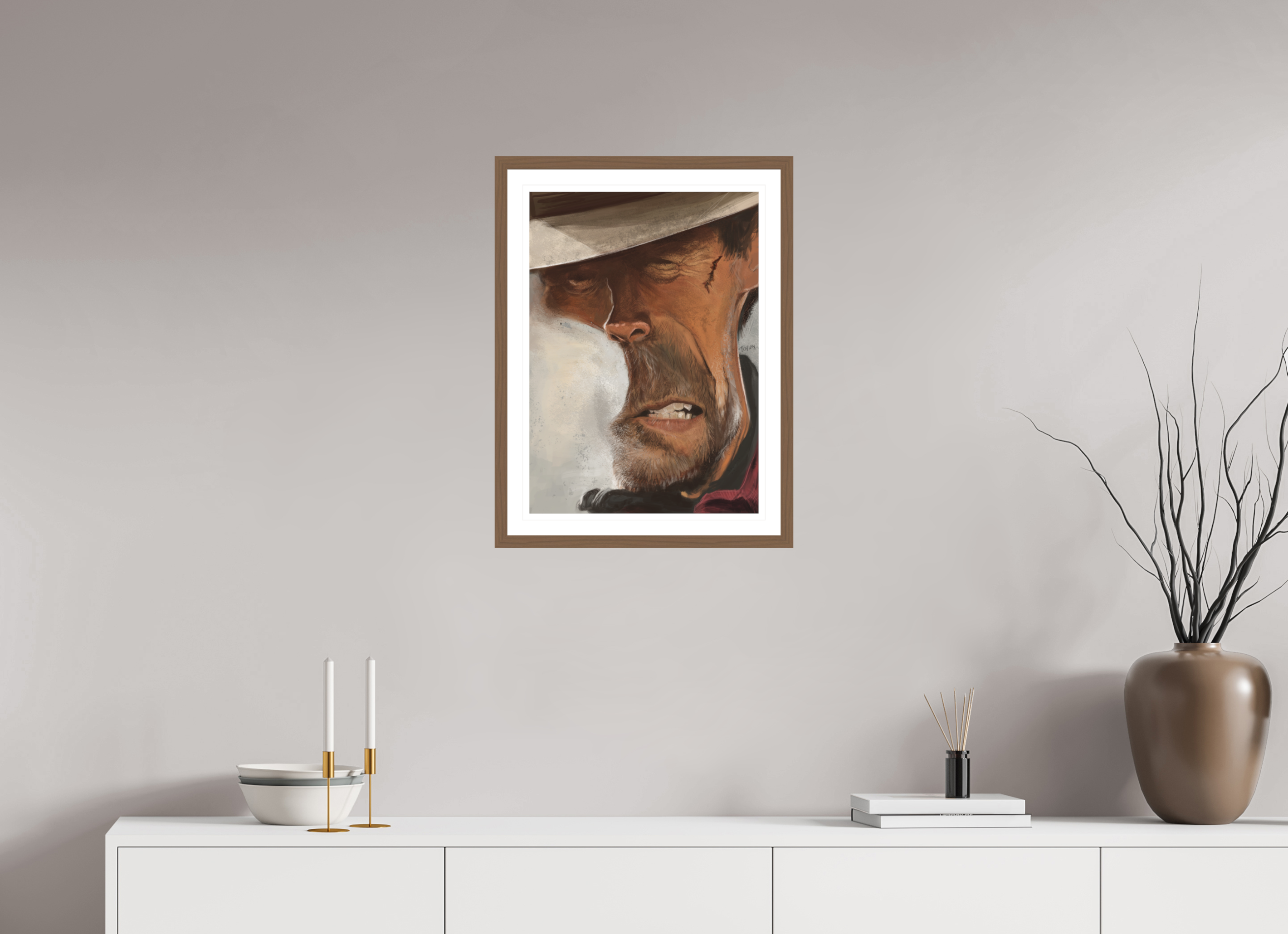 40 x 55,8 cm, FineArt Print mit Holz-Rahmung (20mm) Nussbaum mit Passepartout Clint