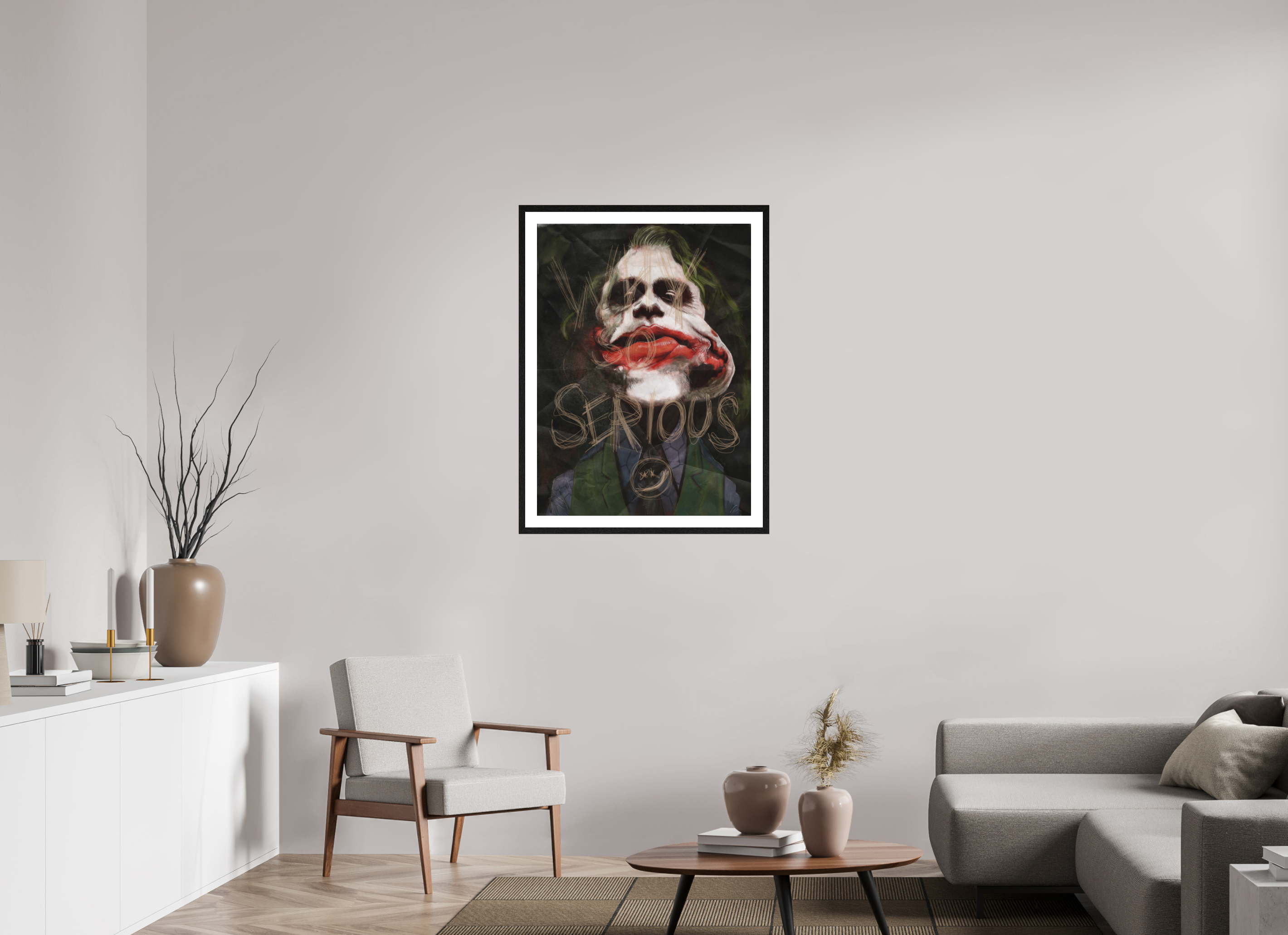 70 x 95,1 cm, FineArt Print mit Holz-Rahmung (20mm) Eiche Schwarz Joker Karikatur Poster – Fine Art Print von NIBO auf Hahnemühle Papier | Premium Celebrity Wandkunst