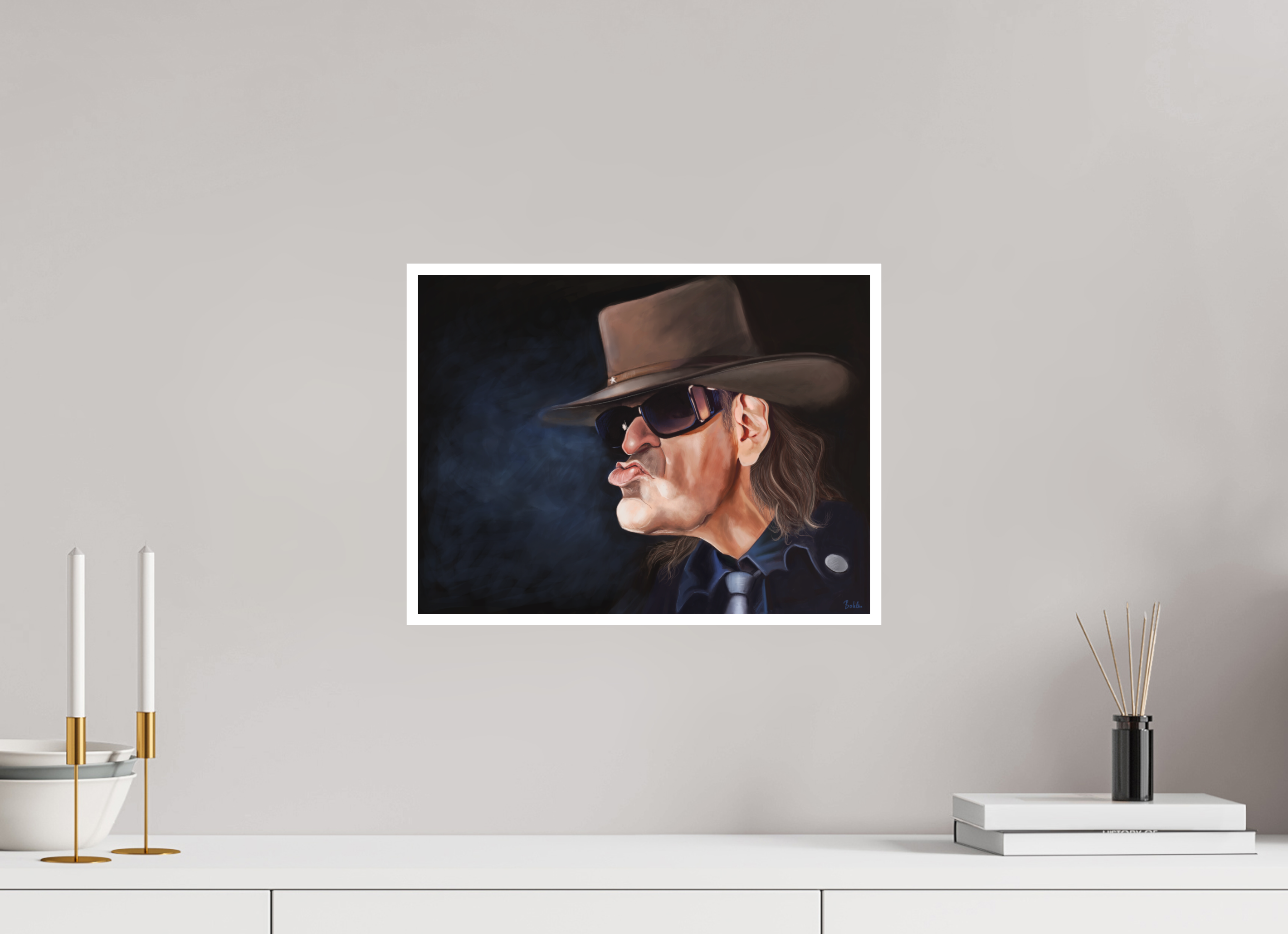 40 x 30 cm, FineArt Print Hahnemühle PhotoRag Udo Lindenberg Karikatur Print – Fine Art Print von NIBO auf Hahnemühle Papier | Premium Celebrity Wandkunst
