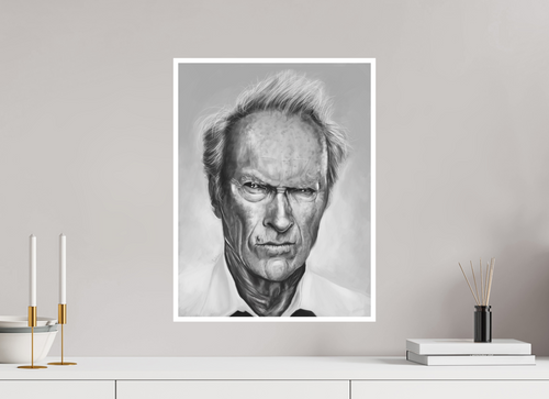 40 x 52,6 cm, Fine ArtPint Hahnemühle PhotoRag mit 1cm Rand Clint Eastwood Karikatur Poster – Fine Art Print von NIBO auf Hahnemühle Papier | Premium Western & Film Wandkunst