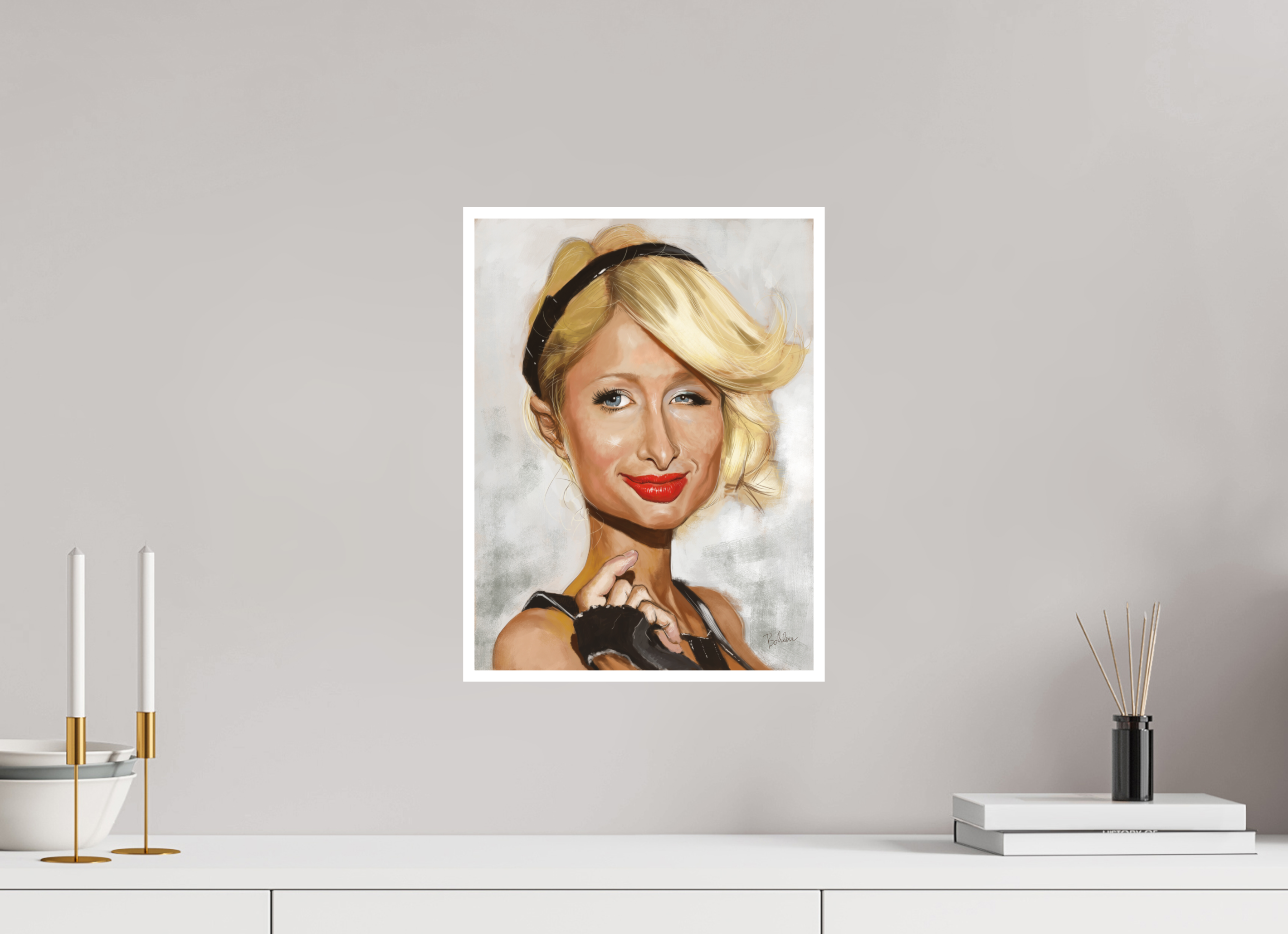 30 x 40 cm, FineArt Print Hahnemühle PhotoRag Paris Hilton Karikatur Print – Fine Art Print von NIBO auf Hahnemühle Papier | Premium Celebrity Wandkunst