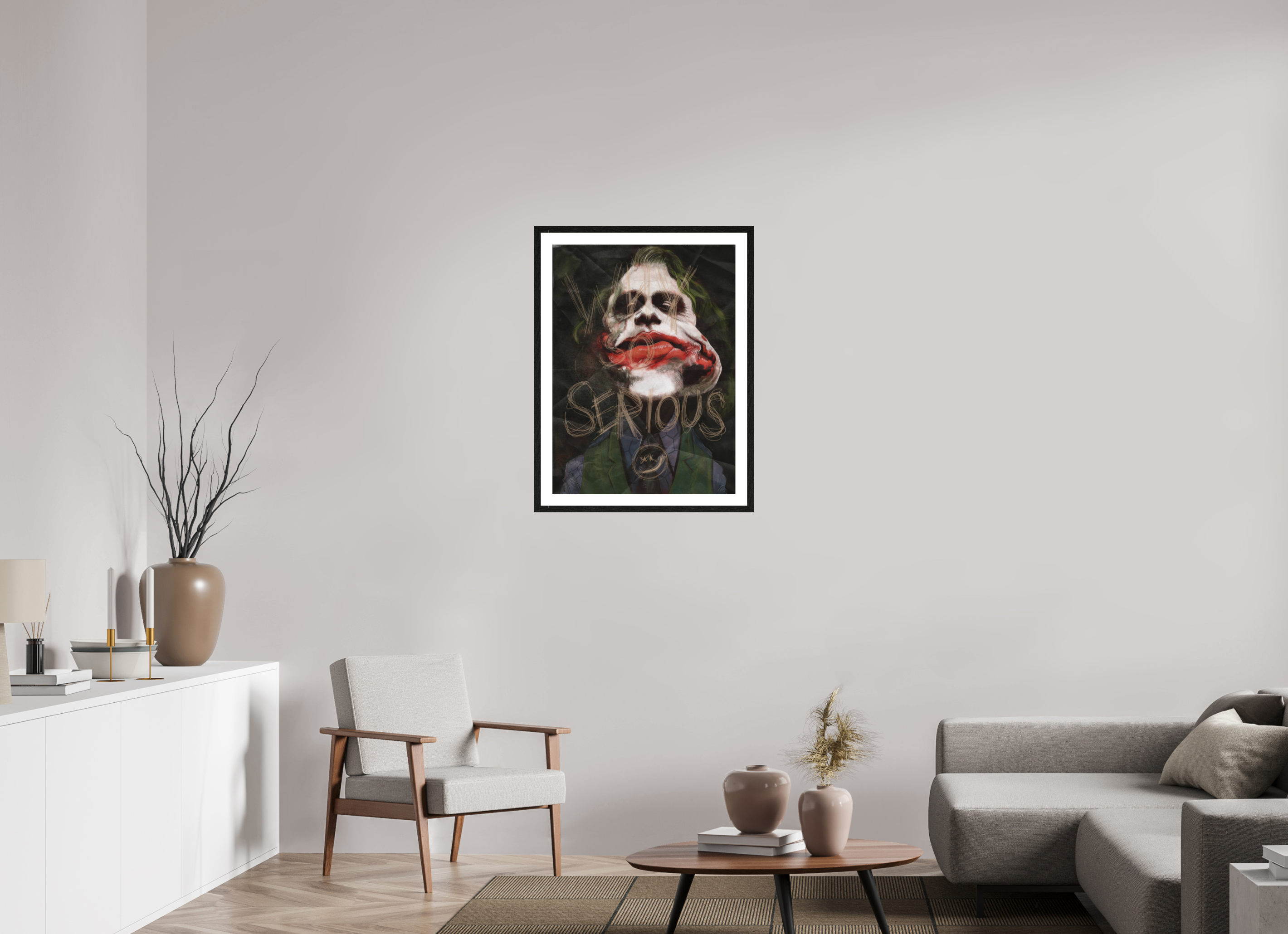 60 x 81,5 cm, FineArt Print mit Holz-Rahmung (20mm) Eiche Schwarz Joker Karikatur Poster – Fine Art Print von NIBO auf Hahnemühle Papier | Premium Celebrity Wandkunst