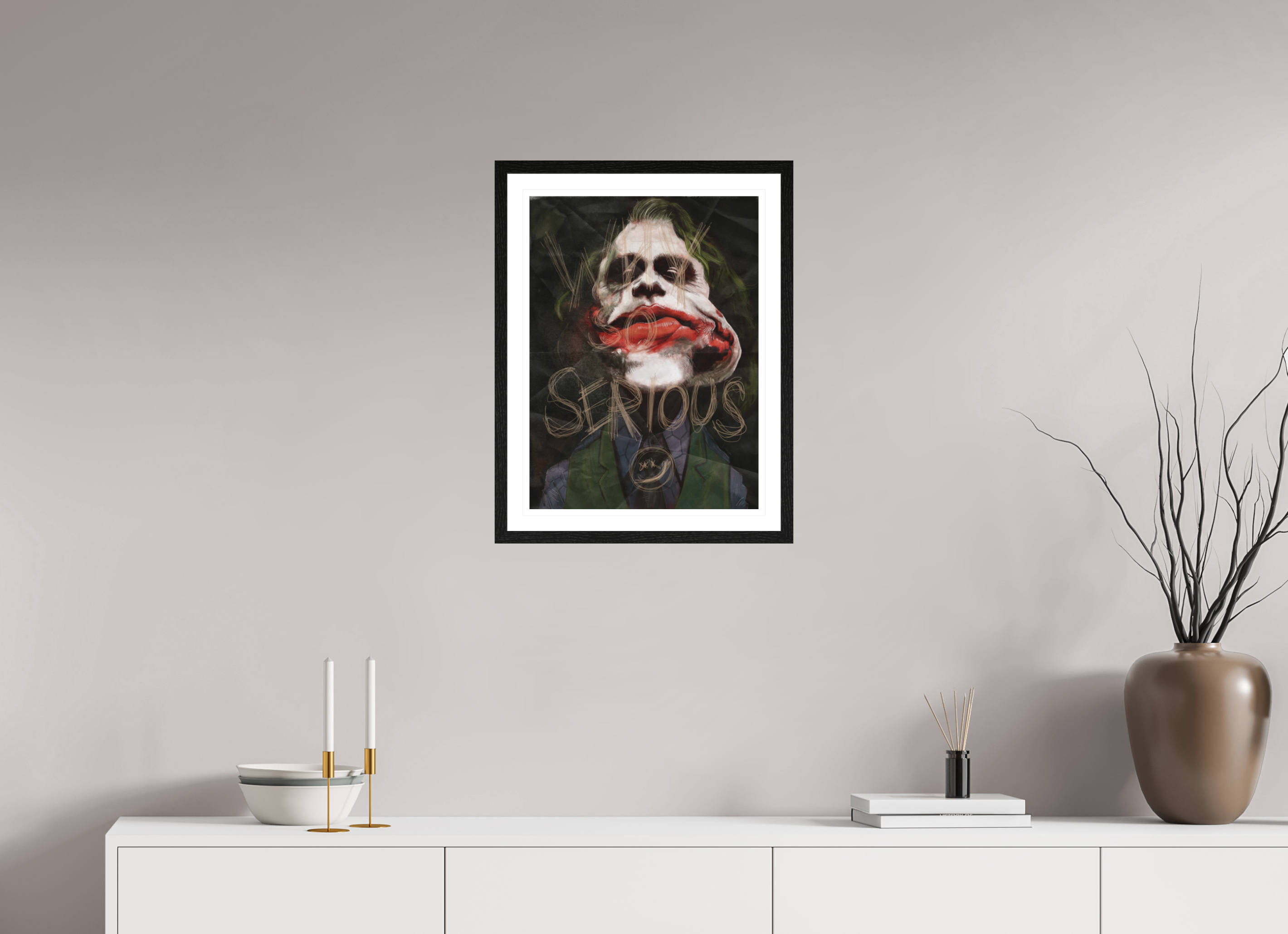 40 x 54,3 cm, FineArt Print mit Holz-Rahmung (20mm) Eiche Schwarz Joker Karikatur Poster – Fine Art Print von NIBO auf Hahnemühle Papier | Premium Celebrity Wandkunst