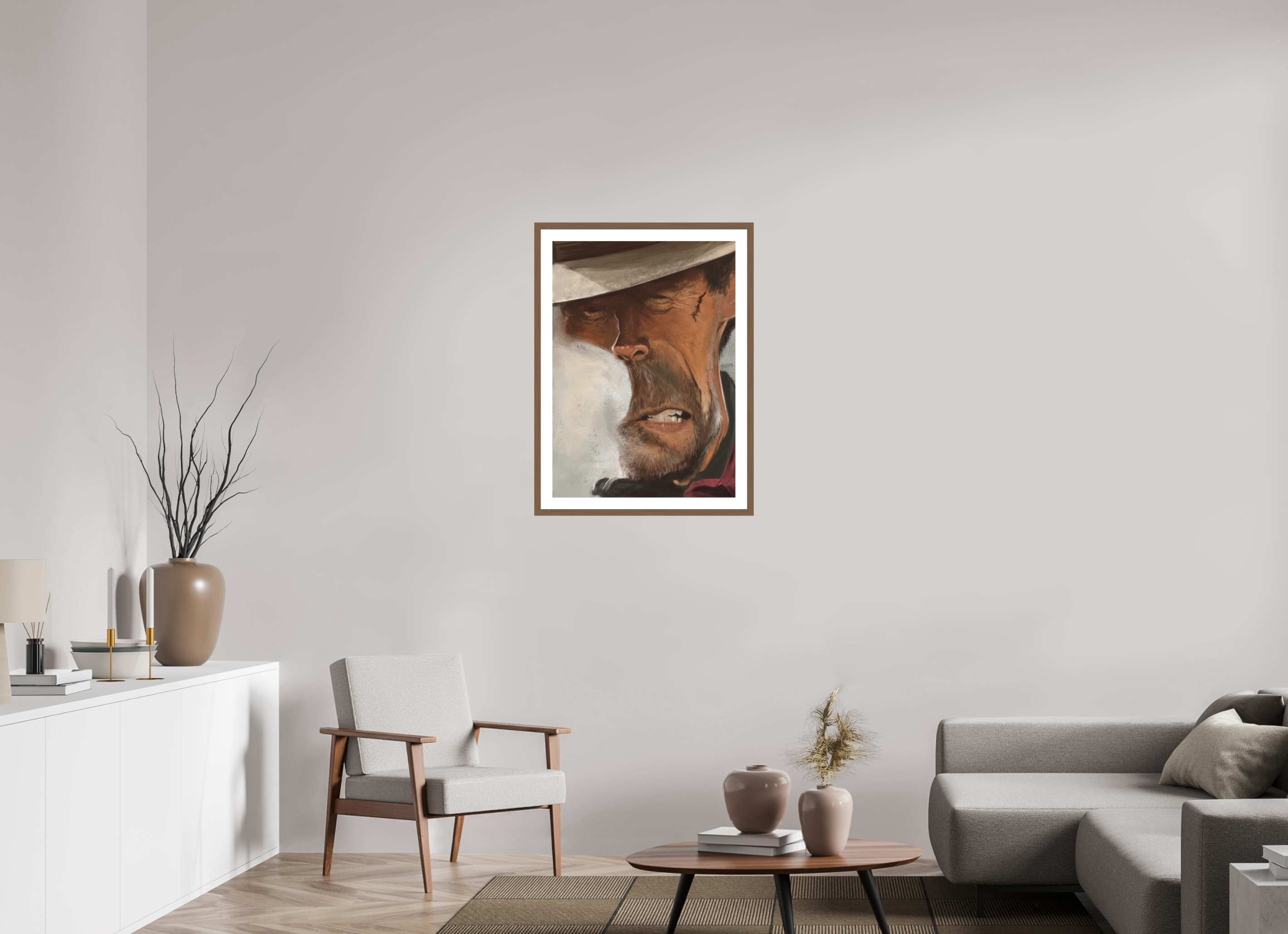 60 x 83,7 cm, FineArt Print mit Holz-Rahmung (20mm) Nussbaum mit Passepartout Clint